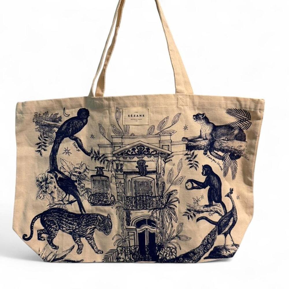 Sézane Jungle Print Tote Bag - Cream and Blue